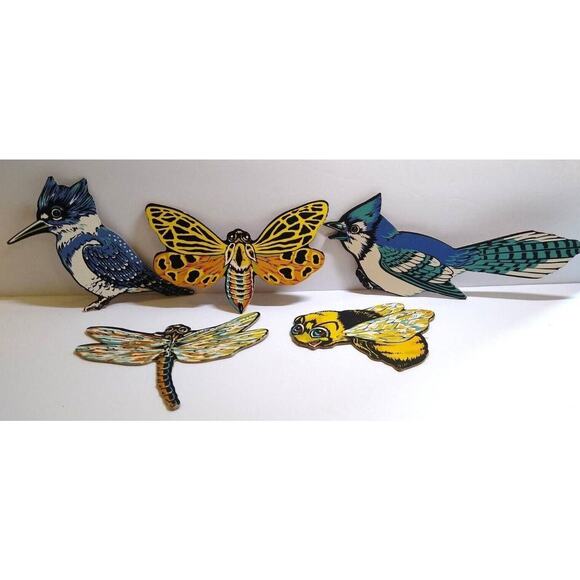 Bumble Bee Dragonfly Kingfishers Blue Jay Birds Moth Lot (5) Thick Diecuts 1940s - Picture 1 of 7
